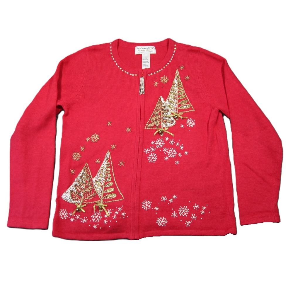 Tiara International Christmas Cardigan Sweater M Red Gold Sequin‎ Zip Up Bells